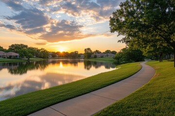 Title: Sunset panoramic of suburban lake with reflections in Dallas