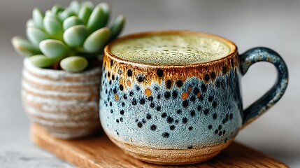 Green drink in patterned mug next to succulent on wooden board.