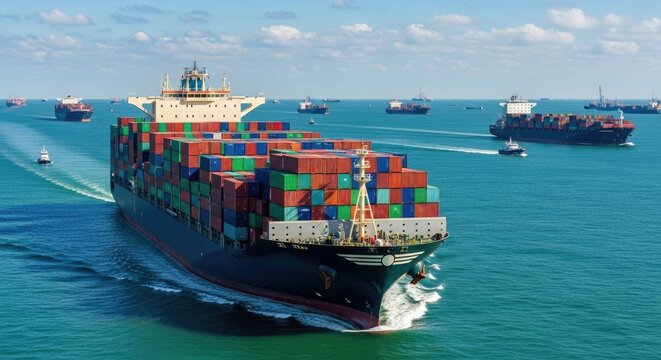 A large cargo ship sailing on the ocean with other ships in the distance.