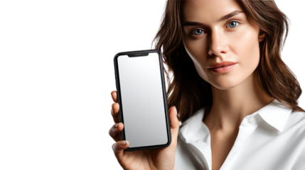 Woman Holding Phone: A professional woman presents a sleek smartphone, the screen blank, inviting interaction in a contemporary environment.