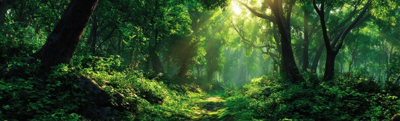 Obraz premium Lush forest path bathed in sunlight (1)