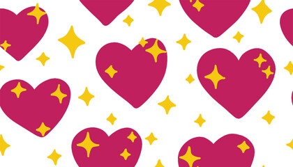 Hearts and shine stars seamless pattern hand drawn. Pink and yellow symbols on white.
