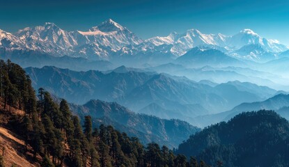 Majestic Mountain Range Peaks Misty Haze Layers Scenic Vista.