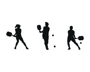 Silhouettes of three women playing pickleball in various action poses with paddles and balls on a white background