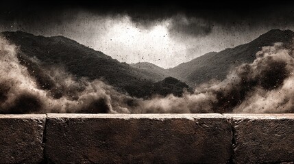 Dramatic Mountain Landscape with Dark Sky and Dusty Atmosphere