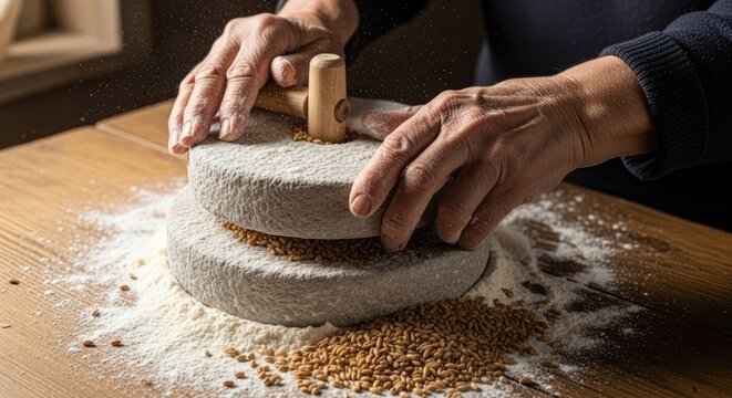 A person using a stone mill to grind wheat into flour.