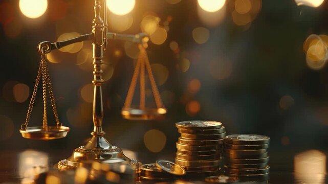A scale of justice sits atop a pile of coins, symbolizing fairness and financial reward