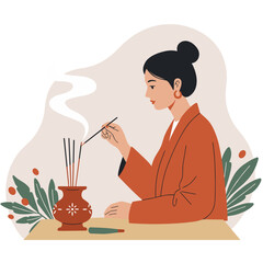 Young woman in traditional clothing lighting incense sticks at home  