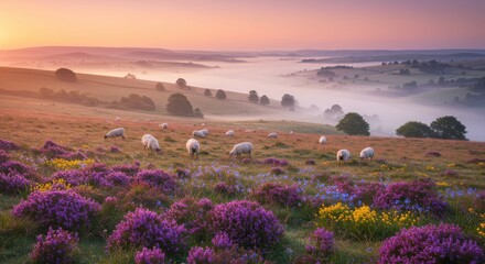 Misty sunrise meadow with sheep and vibrant flowers