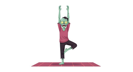 A cartoon zombie practicing yoga, balancing in a tree pose, arms raised, on a mat.