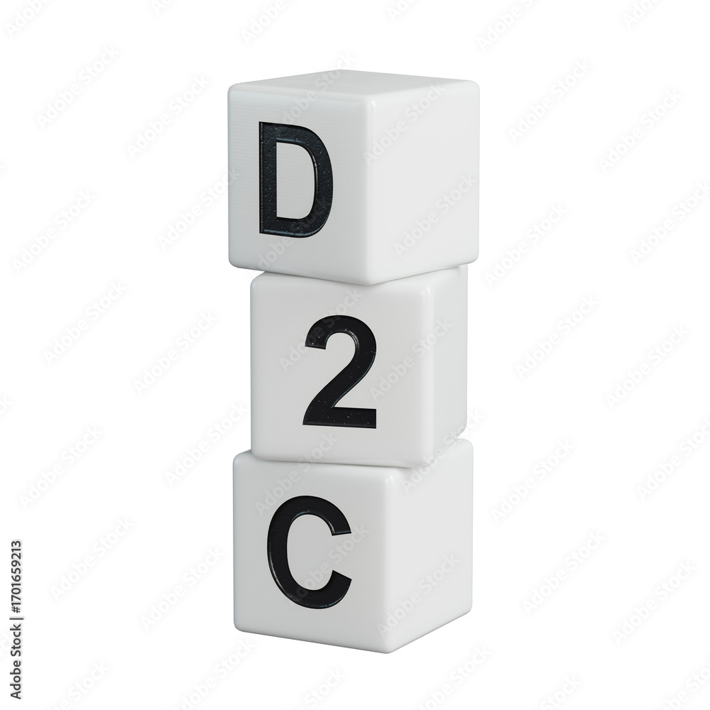 Poster three stone wooden elements, tables with the word d2c - acronim direct to consumer.close up of woode