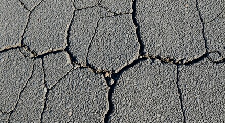 Obraz premium Close-up of cracked asphalt surface, showing texture, damage, and road surface detail