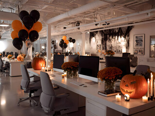 Modern office workspace decorated for Halloween. Gray chairs, monitors on white tables. Holiday decorations: pumpkins with candles, black and orange balloons, spider webs, bats. Evening, spooky, cozy