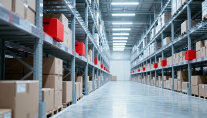 Fototapeta premium Warehouse Interior with Shelves Packed with Cardboard Boxes, Logistics and Distribution Concept