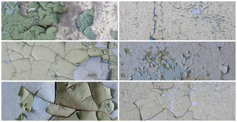 Set of peeling paint textures. Old concrete walls with cracked flaking paint. Weathered rough...