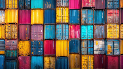 Fototapeta premium Vibrant colorful arrangement of stacked shipping container faces