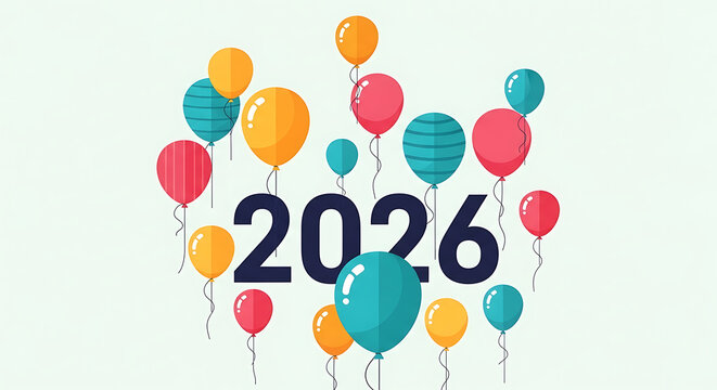 Colorful floating balloons surround the bold, large number "2026" against a white background, signifying a future year. - Powered by Adobe