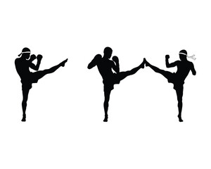 Silhouettes of three muay thai fighters performing dynamic high kicks in a striking martial arts combat stance against a white background