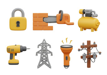 Fototapeta premium 3d icon of collection of construction and industrial tools and equipment isolated on transparent background