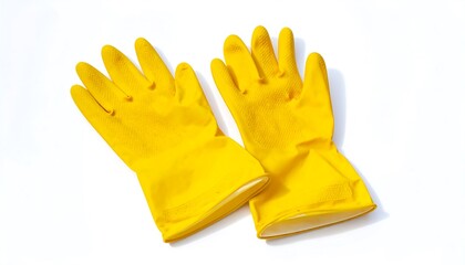 Two bright yellow rubber cleaning gloves rest on a plain white surface.