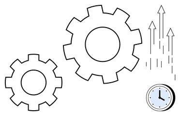 Two gears symbolize collaboration and efficiency, arrows suggest growth, clock represents time. Ideal for productivity, teamwork, business growth, efficiency, time management, innovation operational