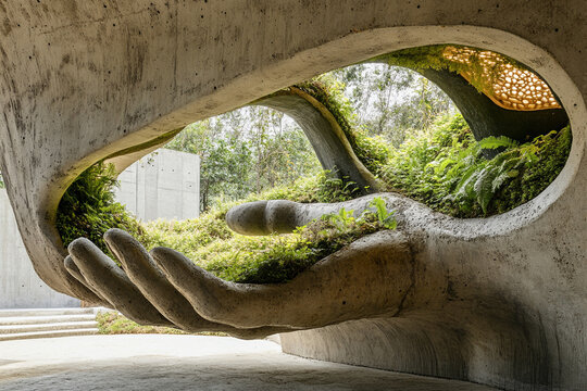 Concrete-stained hand presents eco-structure for May 1st