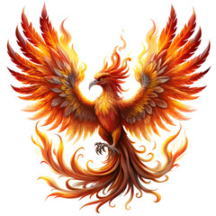 A majestic phoenix with fiery wings spread wide, depicted in vibrant shades of orange, red, and yellow, symbolizing rebirth and power, isolated on a transparent background