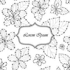 Hand drawn ink line flowers with dot black color on white. Background with banner tender, gently. cute, beautiful.