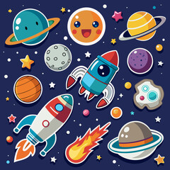 Space theme sticker set for kids astronaut galaxy robot stickers vector icons printable editable 