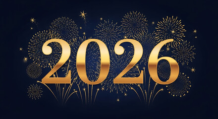 Golden "2026" displayed against a dark blue background with celebratory fireworks, representing the upcoming year.