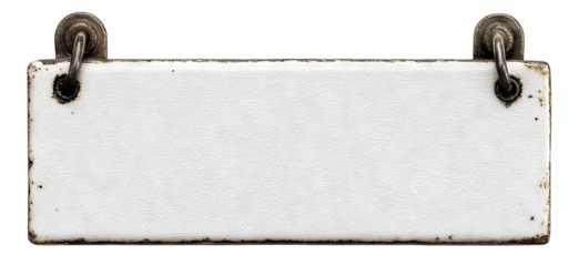 Vintage ceramic nameplate with metal rings, isolated on transparent cutout background