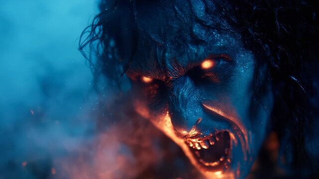 Spirit of demon walks again. Darkness holds ghost and monster. Evil face shines in horror. Creature and villain return from shadows. Demon repeats in face, in ghost, in monster, in horror