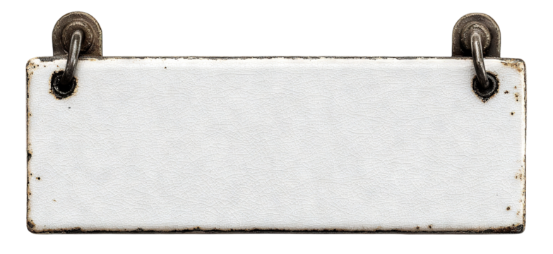 Vintage ceramic nameplate with metal rings, isolated on transparent cutout background - Powered by Adobe