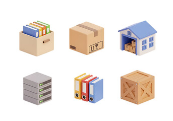 3d icon of collection of isometric icons representing logistics, storage, and office supplies, isolated on transparent background