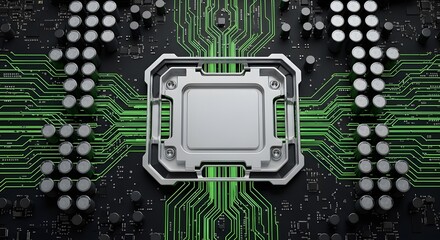 Fototapeta premium CPU Processor Chip on Circuit Board - Close-up of Computer Hardware for Technology and Engineering