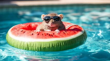 Content rat rocking stylish shades enjoying pool day on watermelon float 32k, full ultra hd, high resolution