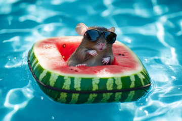 Cool rat in sunglasses chilling on watermelon raft in a summer pool vibe 32k, full ultra hd, high resolution