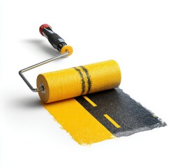 A yellow paint roller applies road markings