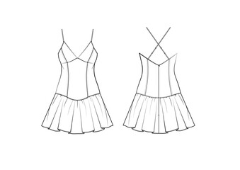 Women Ruffle Hem Mini Dress With Cross Back Strap, Front & Back View, fashion flat sketch, Front & Back View, Editable Flat Technical Drawings Illustration,Dress Mock up