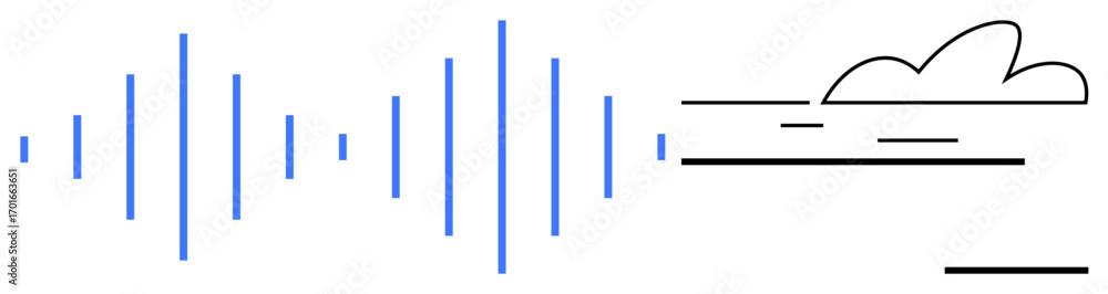 Poster blue vertical sound waves transitioning into a minimal cloud with horizontal lines. ideal for commun