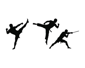 Dynamic silhouettes of martial arts fighters executing powerful kicks and a staff strike in action poses