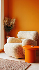 Cozy eclectic room with boucle texture and bold orange finishes