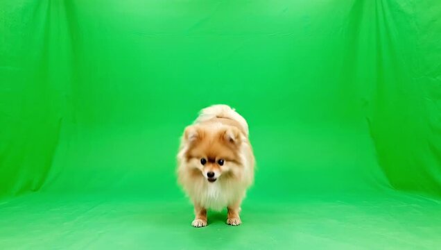 pomeranian dog on green background