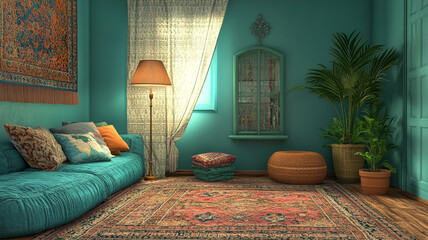 Cozy turquoise living room with layered rugs and elegant corner lamp