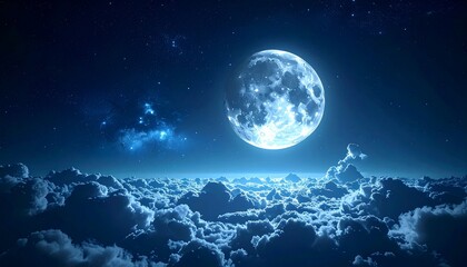 A breathtaking view of a full moon illuminating a serene night sky filled with clouds