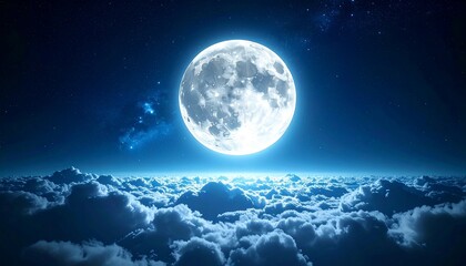 A breathtaking view of a full moon shining brightly above a sea of fluffy clouds at night