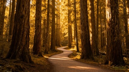 Fototapeta premium Winding Path In Autumn Forest, Landscape With Golden Trees And Sunlight