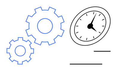 Two interlocking gears beside a clock representing productivity, time optimization, and workflow efficiency. Ideal for management, planning, teamwork, progress, organization, strategy simple flat