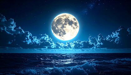 A serene night scene featuring a luminous full moon over a tranquil ocean with gentle waves.