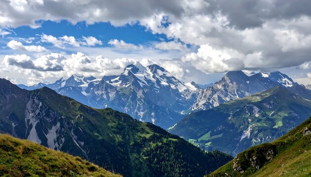 Alpine peaks under a cloudy sky